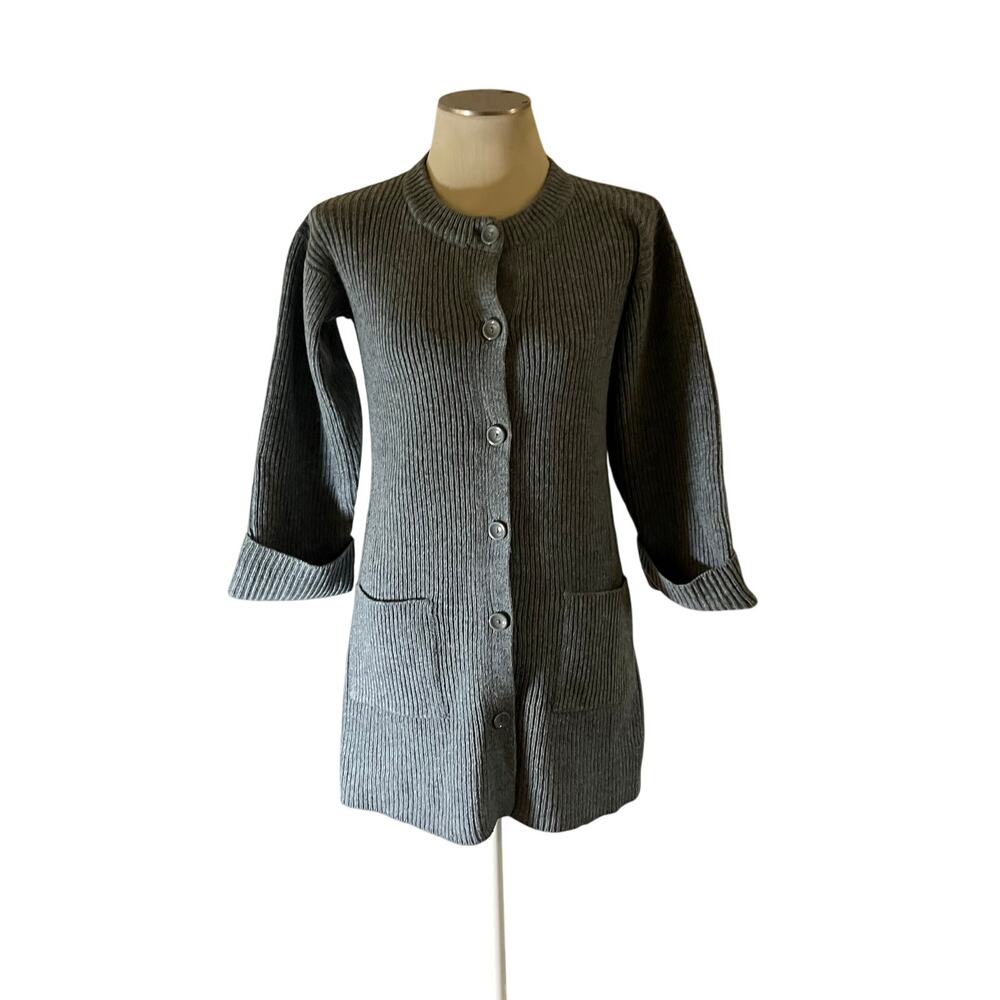 Vtg Gray 100% Wool Longline Cardigan Wide Sleeve Mini Dress Sz S Preppy Heavy